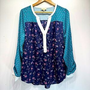ModCloth Tunic Blouse Mixed Print Bird Floral Long Sleeve Flowy Cottagecore